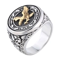 Anello con sigillo aquila vintage da uomo in acciaio inossidabile con rilievo dorato e fiori - US 7 / Bicolore (Oro e Argento)