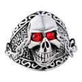 Anillo de calavera punk vintage plateado con ojos de cristal rojo y cadenas - US 7 / Color Acero