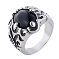 Anillo punk vintage de acero de titanio con piedra negra ovalada y grabado retro - US 7 / Color Acero