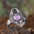 Retro stainless steel ring for men featuring purple oval gemstone and feather wing carvings - US 7 / Purple