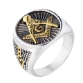 Vintage-Freimaurerring aus Edelstahl mit goldenem G-Symbol und Winkelmaß-Zirkel-Icon - US 7 / Stahlfarbe