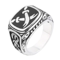 Retro men's signet ring with black enamel zulfikar sword design and ornate floral carving - US 7 / Steel