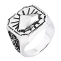 Anello vintage in argento con occhio onniveggente inciso e motivi floreali gotici - US 7 / Color Acciaio