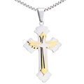 Pendentif croix bicolore en acier inoxydable avec ailes dorées et chaîne maille - Pendentif Seul (Sans Chaîne) / Acier et Or