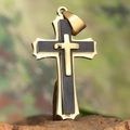 Three-layer titanium steel cross necklace with gold and black composite design on tree bark - Pendant Only (Without Chain) - Gold Black