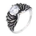 Retro gothic silver wing ring featuring a large round zircon stone in an antique finish - US 7 / Steel Color White Zircon