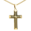 Vintage gold stainless steel cross necklace with intricate wheat pattern on box chain - Single Pendant Gold