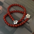 Juego de dos pulseras de plata S925 con cuentas de ágata roja y colgante de flor - Pulsera de Doble Capa de Flor de Ágata Roja (6SL52) / Plata 925