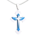 Pendentif croix en acier inoxydable bleu et argent avec ailes et chaîne de type box - Pendentif Seul (Sans Chaîne) / Couleur Acier + Bleu