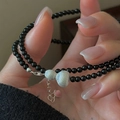 Minimalist S925 silver gourd necklace with black beads and pink heart pendant - Black Beaded Frosted Gourd Necklace / Black