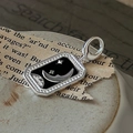 Vintage S925 silver rectangle pendant with black enamel moon and star design - Moon Star Rectangle Pendant (DZ205) / 925 Silver
