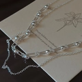 Elegant 925 silver double layer tassel necklace with faceted beads and rectangular links - 925 Silver / Silver (XLT180)