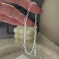 S925 sterling silver twisted bar bracelet with adjustable chain and pendant for women - 925 Silver / Silver (SLS190)