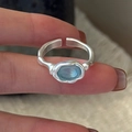 Minimalist S925 sterling silver open ring with organic hammered texture and blue gemstone - Adjustable Open / Hammered Light Blue Gemstone Style (JZA160)
