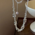 S925 sterling silver multilayer necklace with irregular silver blocks and bead chain - 925 Silver / Silver (XLU251)