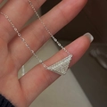 Minimalist S925 sterling silver necklace featuring a sparkling zircon triangle pendant - Triangle Pave Pendant Silver Necklace (XLT191) / 925 Silver