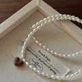 Collana di perle di riso in argento S925 con pendente a cuore rosso in scatola regalo - Rosso Pasta di Fagioli (1TL61-SG)