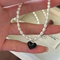 Collana di perle in argento S925 con ciondolo a cuore nero vintage su scatola portaoggetti - Nero (1TL61-SG)