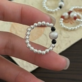 Minimalist S925 sterling silver beaded stretch ring with brushed texture center bead - Adjustable Open / Black (1JZ74-SG)