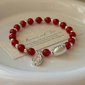 S925 sterling silver bracelet with red agate beads, silver cat charm and Fu pendant - Red Agate Cat Blessing Style (16SL14) / 925 Silver