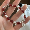 Elegant S925 sterling silver beaded bracelet with red agate, pearls and flower charm - Red Agate Pearl Beaded Flower Pendant Style (1SL81-SG) / 925 Silver