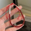 Pulsera minimalista de plata S925 con cuentas de ágata roja y cordón rojo ajustable - Estilo de Cuentas de Ágata Roja (1SL72-SG) / Plata 925