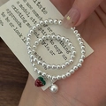 S925 sterling silver beaded bracelet set featuring a cute strawberry and bell charm - 925 Silver / Strawberry Bracelet and Ring Set (1SL71-SG)