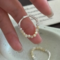 Minimalist S925 sterling silver beaded ring with polished metal bar and cream pearls - Adjustable Open / Style B (1JZ73-SG)