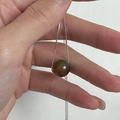 Detail of polished dark green agate bead on a silver box chain necklace held by hand - Dark Green Brown Agate Bead Style (C款-1TL88-SG) / 925 Silver