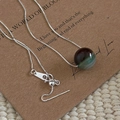 Vintage S925 sterling silver beaded necklace with green agate pendant and slide adjuster - Deep Green Grey Brown Quicksand Texture Style (A款-1TL88-SG) / 925 Silver