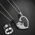 Couples titanium steel cat heart puzzle necklace and fishbone engraved rings set - Black & White