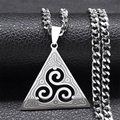 Vintage stainless steel Celtic Triskele triangle pendant necklace on black leather - Silver