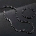 Minimalist black stainless steel Cuban chain necklace and bracelet set on black leather - Black Double Weave