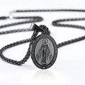 Vintage zwarte roestvrijstalen ovale Maagd Maria medaillon ketting met gevlochten ketting - Zwart