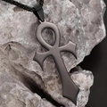 Matte black stainless steel Ankh cross pendant necklace with square link chain - Black
