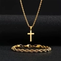 Conjunto de joyas de collar con colgante de cruz de oro pulido y pulsera de cadena de cuerda - Dorado