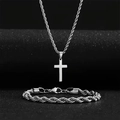 Conjunto de collar con colgante de cruz y pulsera de cadena trenzada de acero inoxidable - Color Acero