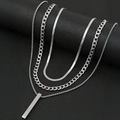 Triple-layered stainless steel necklace set with Cuban, snake chains and bar pendant - Silver