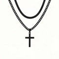 Collar de capas en acero negro con cadena de serpiente, eslabón cubano y dije de cruz - Negro