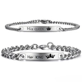 Matching silver couple bracelets with Her King and His Queen engraved metal plates - Silver Color Pair (Steel Color Pair)