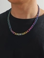 Rainbow plated stainless steel curb chain necklace worn by male model on black t-shirt - Necklace-Figaro Style (7mm*50cm)