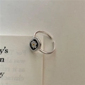 S925 sterling silver adjustable daisy ring featuring a black enamel square finish - JZG026 Daisy Open Ring / 925 Silver