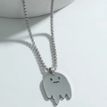 Polished stainless steel ghost pendant necklace with cartoon face on silver chain - Silver