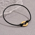 Minimalist black leather cord bracelet with polished gold stainless steel ring - Gold
