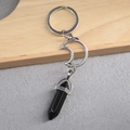 Porte-clés lune argentée avec pendentif en pierre de cristal noire hexagonale - Lune
