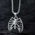 Gothic silver rib cage pendant necklace with black heart zircon and punk box chain - Black Heart Pendant / Black
