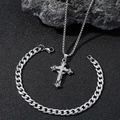 Hip hop silver stainless steel triple cross pendant necklace and cuban link bracelet set - Cross Necklace Cuban Bracelet Set / Steel