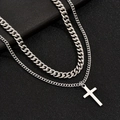 Men's double layer stainless steel cross pendant necklace with silver Cuban chain - Silver