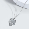 Brushed stainless steel wolf head pendant necklace with geometric cutout design - Silver
