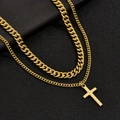 Gold-plated layered cross pendant necklace set with Cuban link and twist chain design - Gold
